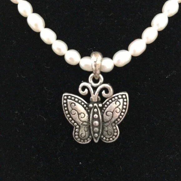 Vintage Handmade Sterling Silver Butterfly Pearl Swarovski Crystal Necklace 16 - Picture 1 of 8